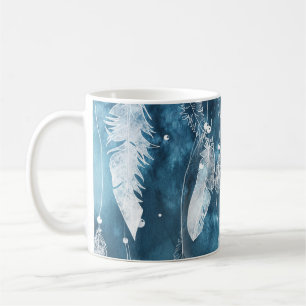 Caneca De Café Penas brancas em queda, cor azul d'água.