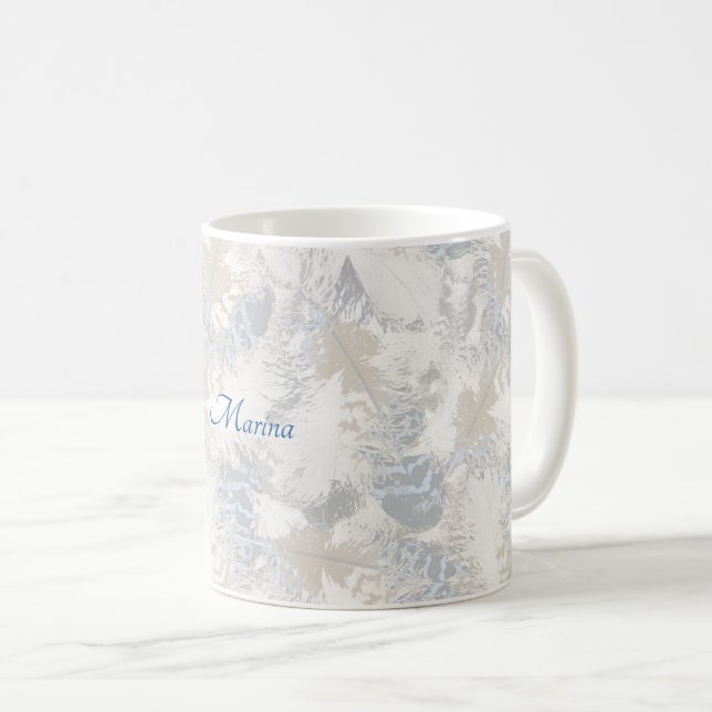 Caneca De Café Penas, cinzas, beges e azuis, aves, luz, (Frente Esquerda)