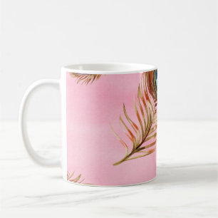 Caneca De Café Penas de pavão Douradas, padrão uniforme de aquare