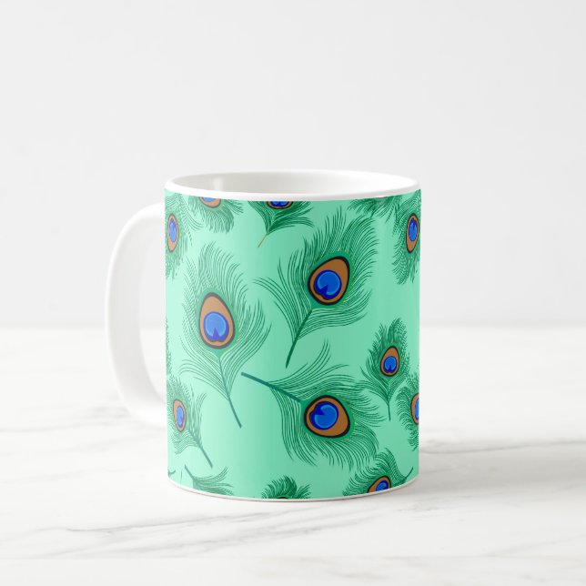 Caneca De Café Penas de Pavão Turquesa sobre Aqua Claro (Frente Esquerda)