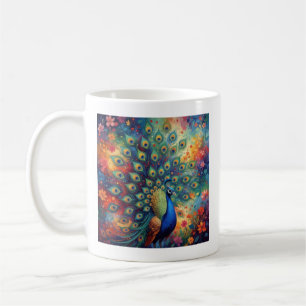 Caneca De Café Penas e Flores de Pavão Colorido