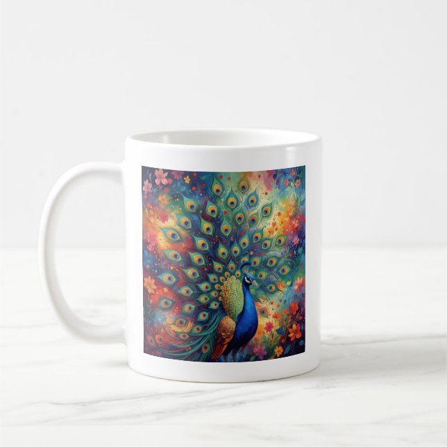Caneca De Café Penas e Flores de Pavão Colorido (Esquerda)