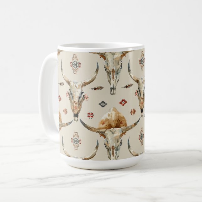 Caneca De Café Penas Nativas Tribais de Creme Brown (Frente Esquerda)