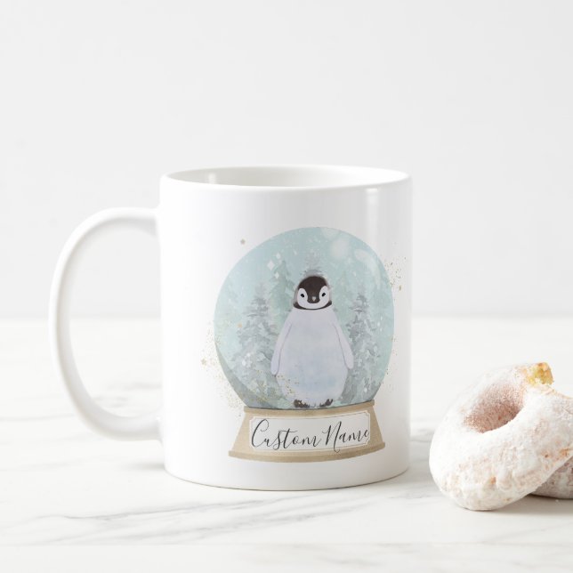 Caneca De Café Penguin Snow Globe Custom Name Mug Christmas Gift (Com Donut)