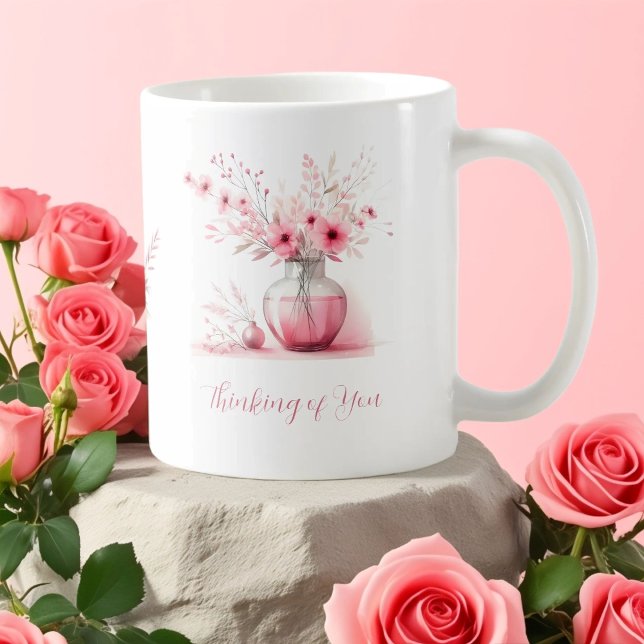 Caneca De Café Pensando em Você Flores Rosa e Vaso Simpatia (Criador carregado)