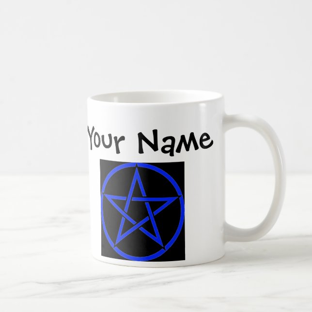 Caneca De Café Pentagrama Azul Personalizado/ Pentágono Wiccan Mu (Direita)