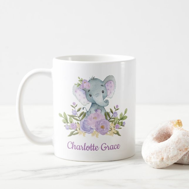 Caneca De Café Peões Florais De Lavanda De Elefante Cortado (Com Donut)