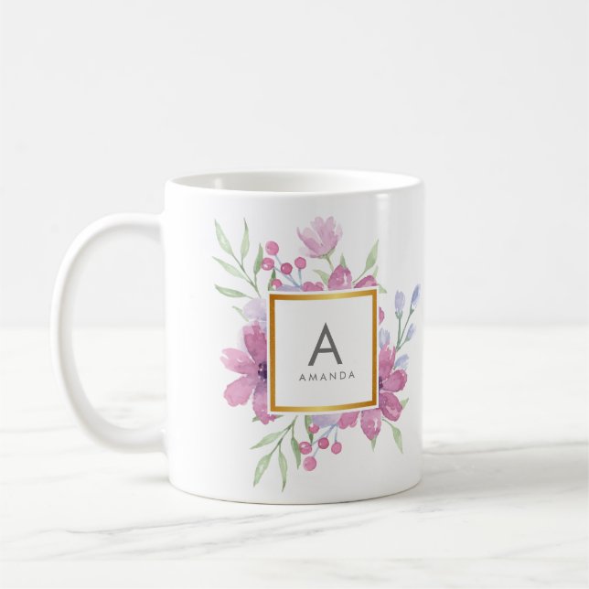 Caneca De Café Peônia NA MODA feminino da aguarela e monograma (Esquerda)