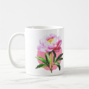 Caneca De Café Peônia Rosa Pontilhada Flor em Mosaico