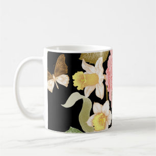 Caneca De Café Peônias de Rosas Vintage: Padrão Floral Preto