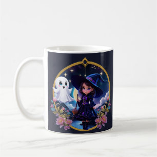 Caneca De Café Pequena bruxa com olhos grandes e brilhantes.