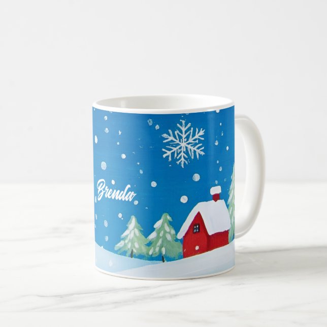 Caneca De Café Pequena Casa Vermelha na Neve (Frente Esquerda)