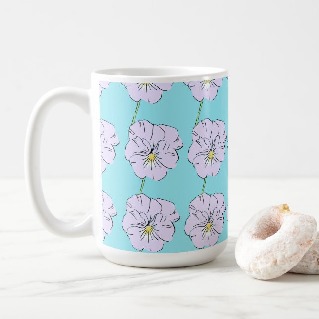 Caneca De Café Pequeno padrão de flores brancas azul (Com Donut)