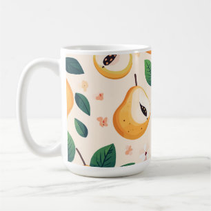 Caneca De Café Pêras Amarelas Doces e Padrão de Frutas de Folhas
