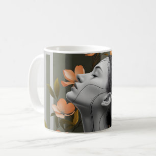 Caneca De Café Perfil de Mulher Minimalista com Elegância Botânic