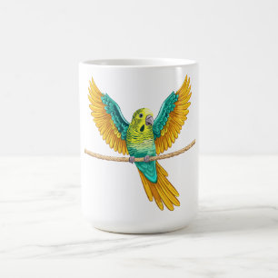 Caneca De Café Periquito sentado em uma corda com asas abertas