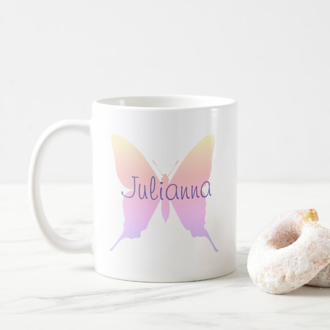 Caneca De Café Periwinkle Personalizado Pastel Rainbow Butterfly (Com Donut)