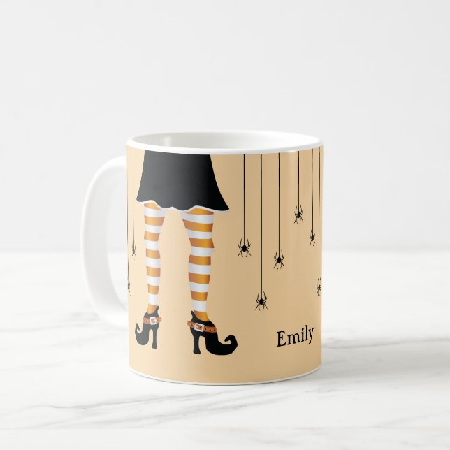 Caneca De Café Pernas de Bruxa Laranja e Aranhas com Nome Hallowe (Frente Esquerda)