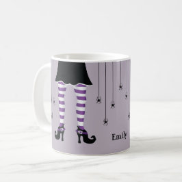 Caneca De Café Pernas de Bruxa Roxa E Aranhas Com Nome Halloween