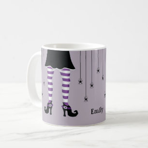 Caneca De Café Pernas de Bruxa Roxa E Aranhas Com Nome Halloween