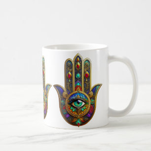 Caneca De Café Pérola Colorida Pétalas de Flor Hamsa Verde Tercei