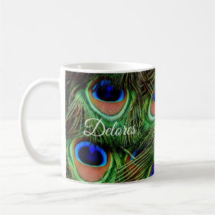 Caneca de café personalizada com penas de pavão