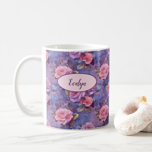 Caneca de Café Personalizada com Rosas Rosa Floral (Com Donut)
