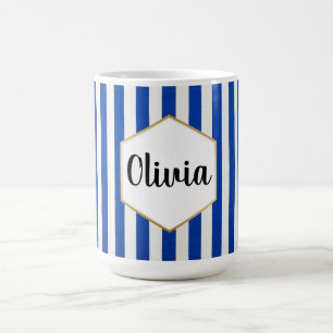 Caneca De Café Personalizado Azul e Branco Listrado