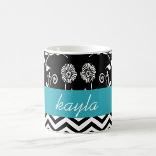 Caneca De Café Personalizado Chevron e Floral Azul Turquesa Branc