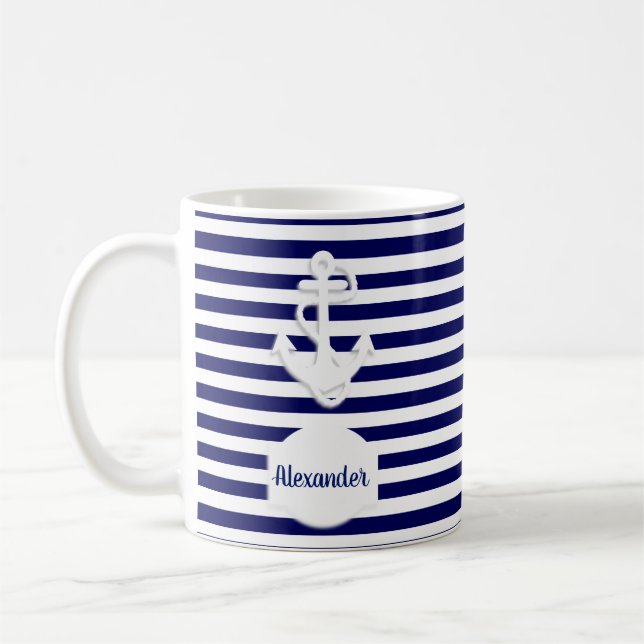 Caneca De Café Personalizado do Monograma de Stripes e Âncoras (Esquerda)
