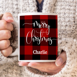 Caneca De Café Personalizado, Feliz Natal, Xadrez Vermelha e Negr
