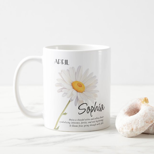 Caneca De Café Personalizado Flor do Mês de Nascimento Abril (Com Donut)
