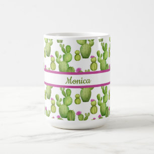 Caneca De Café Personalizado, Verde e Roxo, Cactus Padrão