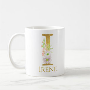 Caneca De Café Personalizar Monograma Dourado Floral Personalizad