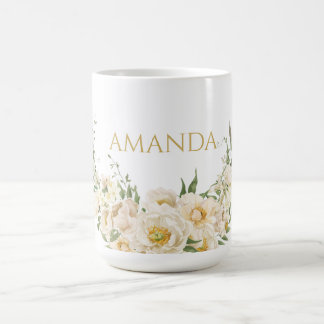 Caneca De Café Personalizar nome Dourado e flor branca
