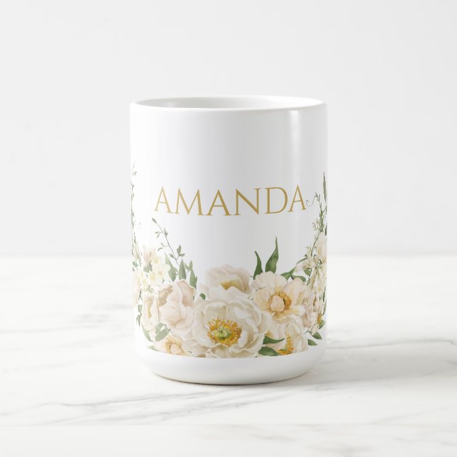 Caneca De Café Personalizar nome Dourado e flor branca (Centro)