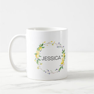 Caneca De Café Personalizar nome Elegante Lemon Floral Wreath