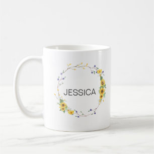 Caneca De Café Personalizar nome Elegante Sunflower Wreath