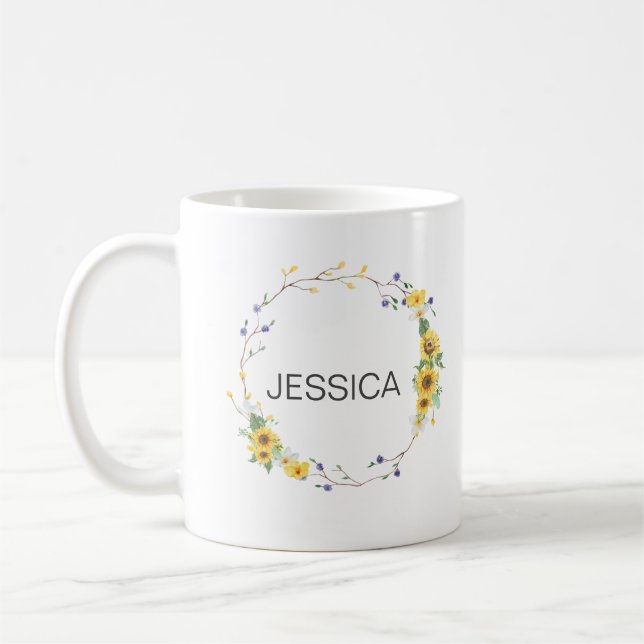 Caneca De Café Personalizar nome Elegante Sunflower Wreath (Esquerda)
