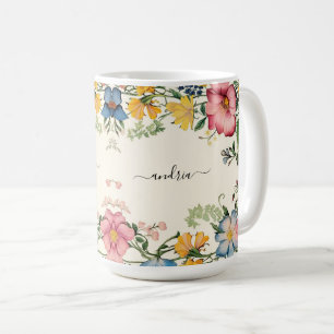 Caneca De Café Personalizar Nome em Letra de Forma Preta, Flores