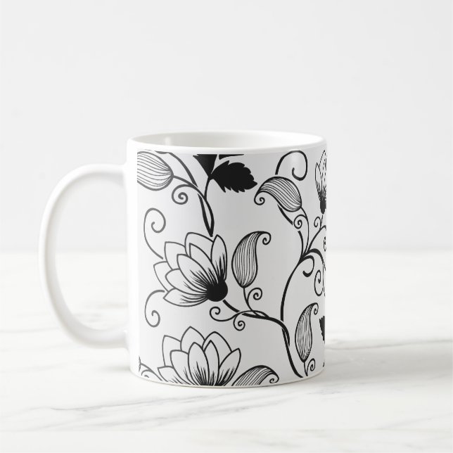 Caneca De Café Personalizar Padrão Floral Preto (Esquerda)