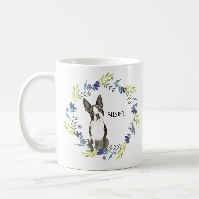Caneca De Café Personalizar Watercolor Boston Terrier Blue Wreath (Esquerda)