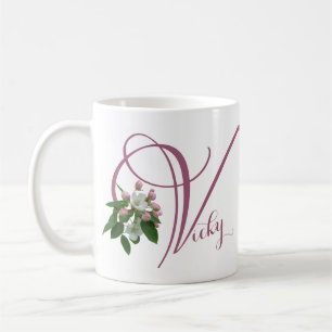 Caneca De Café Personalizável monograma de nome Vicky floral rosa