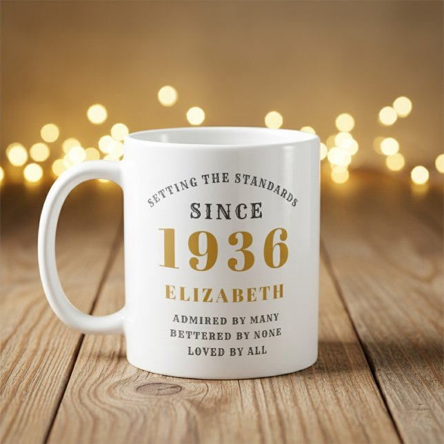 Caneca De Café Personalized 90th Birthday 1936 Add Name Elegant (Born 1936 birthday gift mug. Background out of focus.)