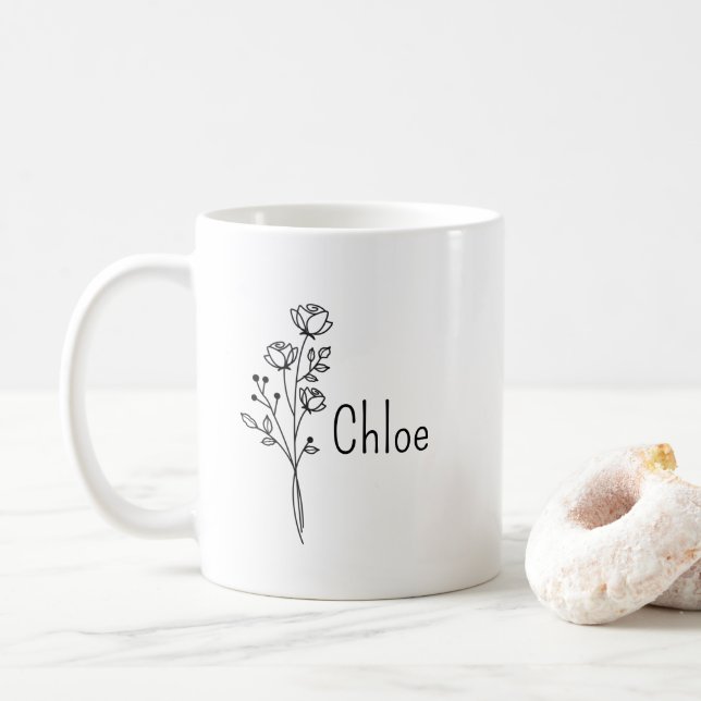 Caneca De Café Personalized Birth Flower Ceramic Mug, Custom name (Com Donut)
