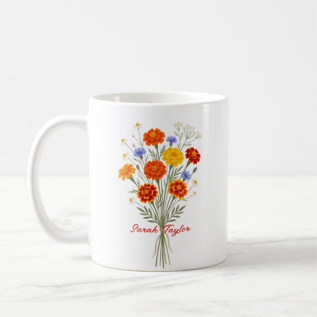 Caneca De Café Personalized Birth Flower Marigold Custom (Esquerda)
