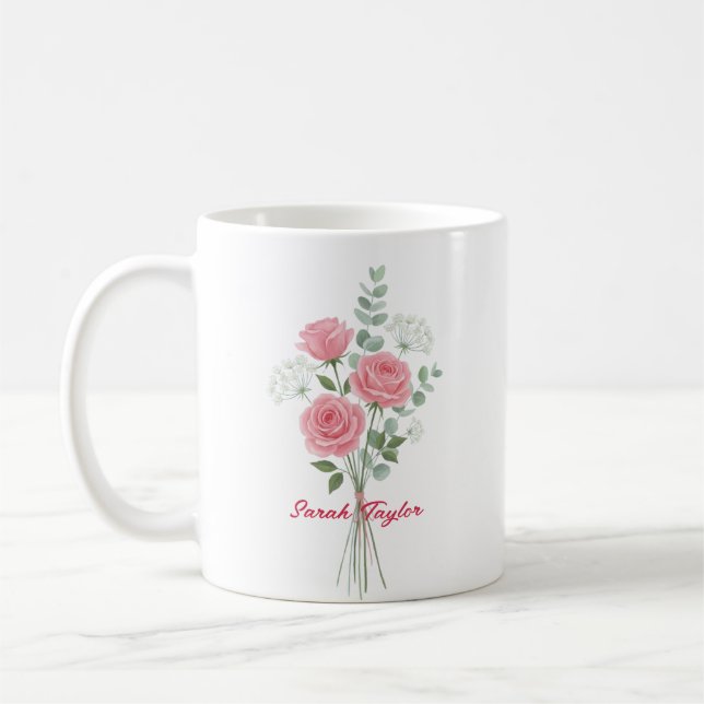 Caneca De Café Personalized Birth Flower Pink Rose Custom (Esquerda)
