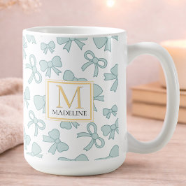 Caneca De Café Personalized Blue Bow Girl Cute Gold Monogram Name