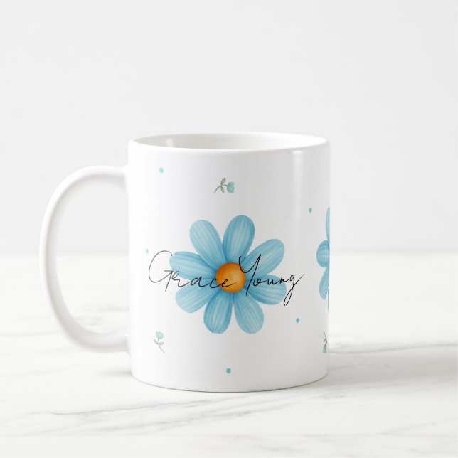Caneca De Café Personalized Blue Daisy Floral Name Custom Design  (Esquerda)