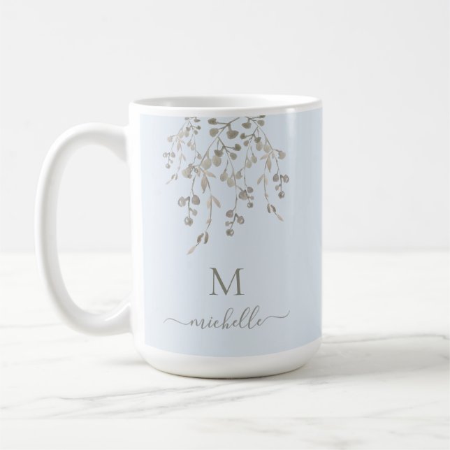 Caneca De Café Personalized Botanical Watercolor Monogram Blue (Esquerda)